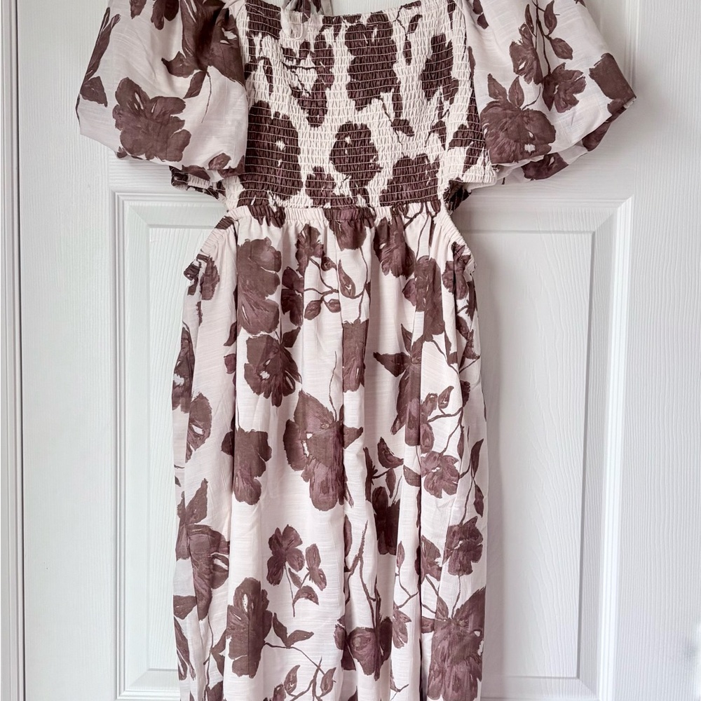 Blush Size 2X Floral Smocked Midi Dress Side Cutout Puff Sleeve